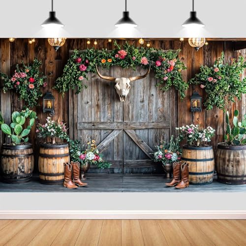 Wathon Western Cowboy Backdrop for Photography Southwest Country Ranch Photo Backdrop Retro Rustic Barn Door with Cactus Floral Texas Photo Background Booth Video Studio Props 5X3FT - color: Floral Bull Skull, size: 5X3FT