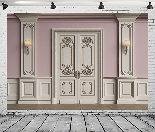BELECO 12x10ft Fabric Vintage Room Classic Interior Pink White Wall Backdrop European Frame Castle House French Door Elegant Living Room Background Birthday Wedding Artistic Portrait Photo Props - size: 12x10FT