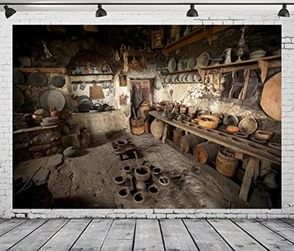 BELECO 8x6ft Fabric Rustic Old Rural Farmhouse Kitchen Backdrop Interior Pottery Kitchen Appliance Cooking Background Backdrop Countryside Theme Party Church Event Portrait Photo Studio Props - size: 8x6FT