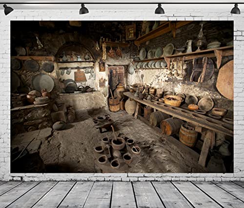 BELECO 12x8ft Fabric Rustic Old Rural Farmhouse Kitchen Backdrop Interior Pottery Kitchen Appliance Cooking Background Backdrop Countryside Theme Party Church Event Portrait Photo Studio Props - size: 12x8FT