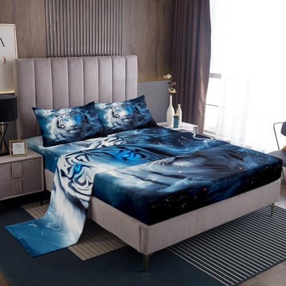 Feelyou Tiger Bed Sheets Set Full Size Safari Cat Print Bedding Set for Kids Boys Girls Wildlife Sheets with Deep Pocket Fitted Sheet Wild Animal Bedding Set - color: Black Blue, size: Full