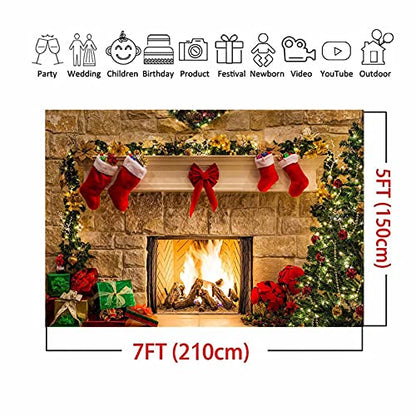 XLL Christmas Photography Backdrops Christmas Fireplace Decoration Background for Photo Happy Holiday Party Decoration Props 7x5FT(210CM X 150CM)