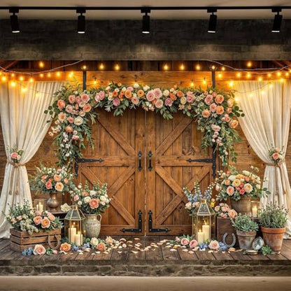 5x3ft Western Wedding Backdrop Rustic Barn Door Photography Backdrop Farmhouse Pink Flower Cabin Wooden Birthday Baby Shower Country Anniversary Bridal Party Banner Photo Booth Props Background - color: Multi90, size: 5X3FT