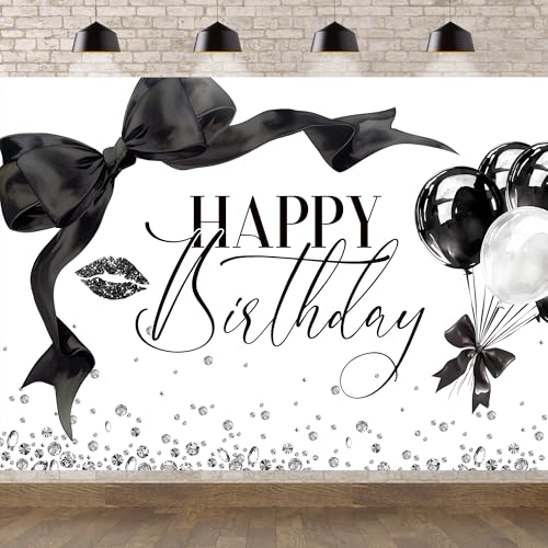 Newsely Black Bow Happy Birthday Banner Backdrop 8Wx6H Photography Girls Coquette Birthday Decorations Black White Bowknot Balloons Background Women Party Decorations Photo Booth Props Supplies - color: A-black bow, size: 8Wx6H
