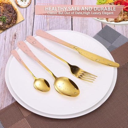 24 Pieces Flatware Set, Stainless Steel Cutlery Set with Silverware Holder, Modern Gold Silverware Set Includes Dinner Knives Forks Spoons,Hanging Silverware Set Service for 6 (Pink) - color: Pink