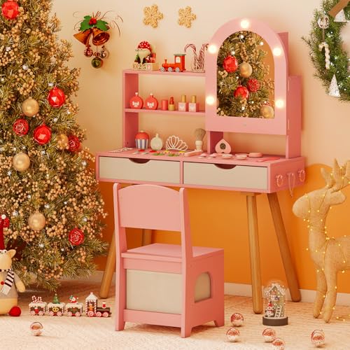 Costzon Kids Vanity with Lights, Girls Vanity Set with Mirror Cabinet, Storage Drawers, Hooks & Shelves, Toddler Makeup Vanity Desk Dressing Table, Wooden Kids Vanity Table and Chair Set (Pink) - style: Pink with Mirror Cabinet