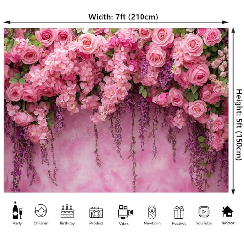 7x5ft Pink Rose Flower Wall Backdrop for Birthday, Wedding, Bridal Shower, Valentine Day Party Decorations Pregnant Mother Portrait Photo Background - color: Pink, size: 7x5ft