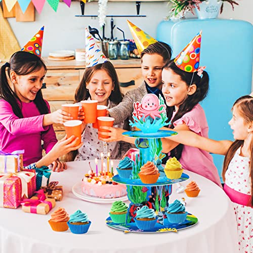 Under The Sea 3 Tier Ocean Cupcake Stand - First Birthday Decorations for Boy - Shark & Mermaid Party Supplies