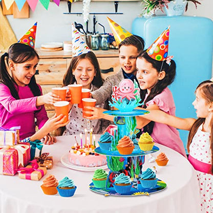 Under The Sea 3 Tier Ocean Cupcake Stand - First Birthday Decorations for Boy - Shark & Mermaid Party Supplies