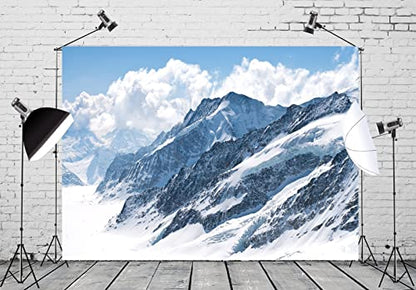 BELECO 5x4ft Fabric Winter Snow Mountain Photography Backdrop Swiss Alps Great Aletsch Glacier Blue Sky White Clouds Background Outdoor Adventure Ski Mountain Party Decorations Portrait Photo Props