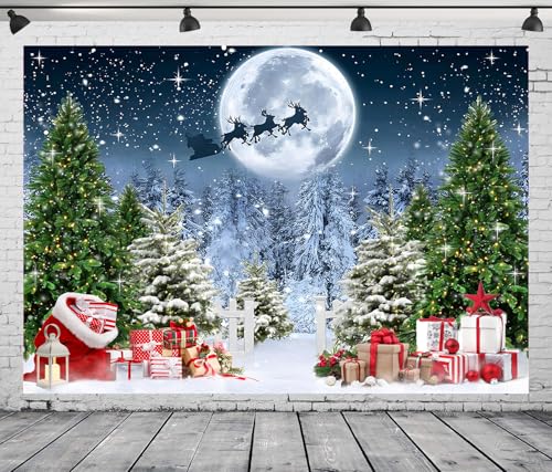 8x6 FT Christmas Scene Backdrop Xmas Tree Winter Forest Scene Wonderland North Pole Night Background Starry Sky Moon Reindeer Santa Claus Christmas Decorations Family Photo Shoot Booth Props - size: 8x6 FT