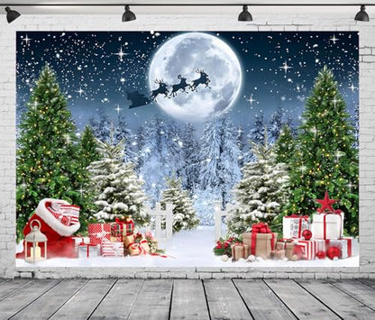 10x8 FT Christmas Scene Backdrop Xmas Tree Winter Forest Scene Wonderland North Pole Night Background Starry Sky Moon Reindeer Santa Claus Christmas Decorations Family Photo Shoot Booth Props - size: 10x8 FT