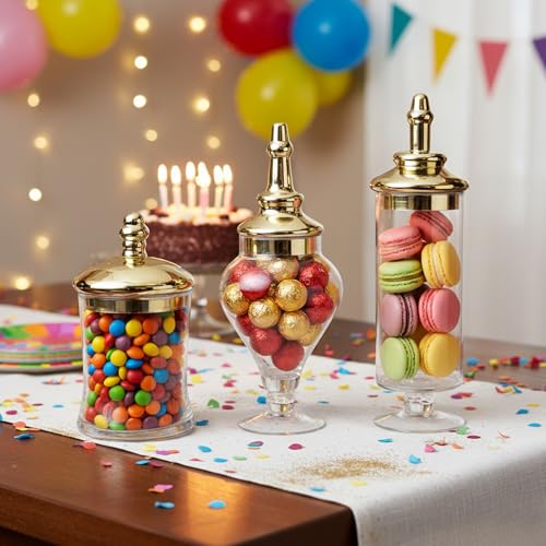 MyGift 3 Piece Set Antique Clear Glass Bathroom Apothecary Jars with Lid, Wedding Centerpiece, Kitchen Storage Jars with Metallic Brass-Tone Design - color: Gold