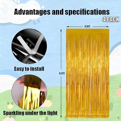 Valentines Day 4 Pack 3.3 * 8.3 ft Foil Curtain Metallic Tinsel Fringe Curtains Photo Booth Props Backdrop for Birthday Wedding Engagement Baby Shower Christmas Holiday Celebration Partyl,Gold - color: Gold, size: 4 Pack