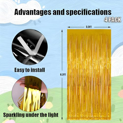 Valentines Day 4 Pack 3.3 * 8.3 ft Foil Curtain Metallic Tinsel Fringe Curtains Photo Booth Props Backdrop for Birthday Wedding Engagement Baby Shower Christmas Holiday Celebration Partyl,Gold - color: Gold, size: 4 Pack