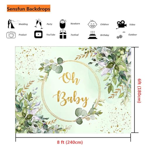 Sensfun Sage Green Baby Shower Backdrop Neutral Baby Shower Decorations Greenery Eucalyptus Gold Oh Baby Banner Photography Background for Boy Girl Gender Reveal Party Supplies Photo Booth Props 8x6ft - size: 8X6ft