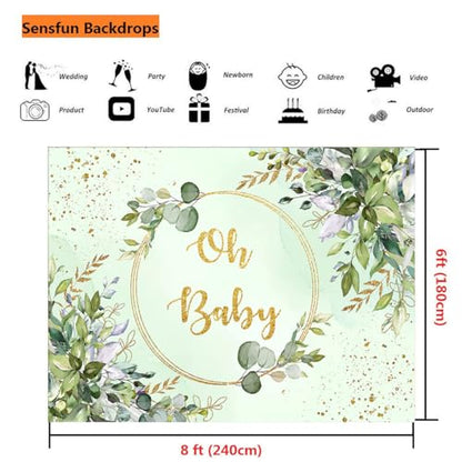 Sensfun Sage Green Baby Shower Backdrop Neutral Baby Shower Decorations Greenery Eucalyptus Gold Oh Baby Banner Photography Background for Boy Girl Gender Reveal Party Supplies Photo Booth Props 8x6ft - size: 8X6ft