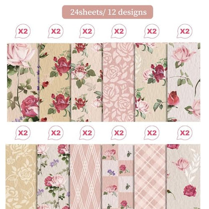 24 Pack Floral Pattern Double-Sided Scrapbook Paper, 11.8-inches Flower Textured Scrapbook Paper Craft Paper Folded Flat for DIY Background Card Making Scrapbook Photo Album Decor-12Designs