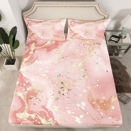 Manfei Marble Texture Fitted Sheet Pink Marble Pattern Golden Sequins Print Bedding 2pcs Microfiber Bed Sheet Set (1 Fitted Sheet + 1 Pillow Case) Twin Size - color: Multi 17, size: Twin (39*75*16")