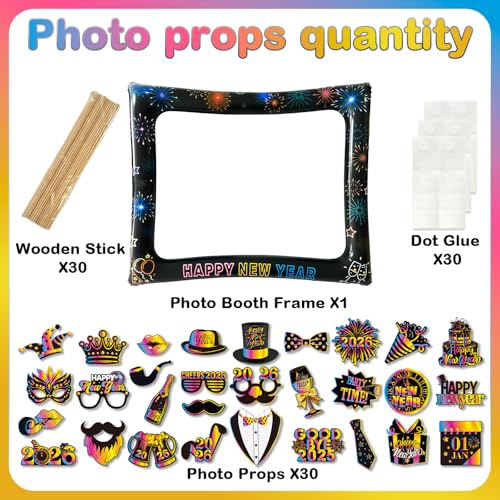 2026 New Year Photo Booth Inflatable Frame Kit, 30Pcs Colorful Neon New Years Photo Booth Props with Inflatable Picture Frame for New Year Eve Party Selfie Props Supplies - color: Colorful