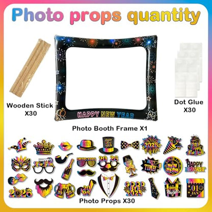 2026 New Year Photo Booth Inflatable Frame Kit, 30Pcs Colorful Neon New Years Photo Booth Props with Inflatable Picture Frame for New Year Eve Party Selfie Props Supplies - color: Colorful