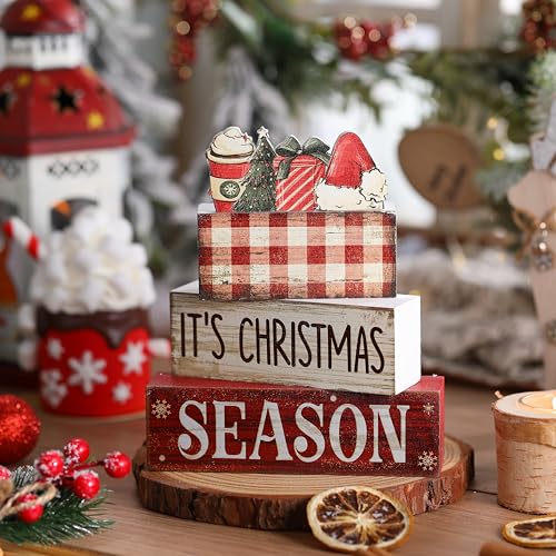 Lineshading 4 Pcs Christmas Table Decoration Wooden Hot Cocoa Santa Hat Decorations Christmas Tiered Tray Decor Winter Centerpiece Decorative Santa Hat Hot Cocoa Gift Box Tree Block Signs for Home - style: Christmas