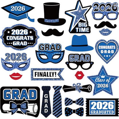 Blulu 24 Pieces 2026 Graduation Party Photo Booth Props Kit, Funny Graduation Party Selfie Props, Selfie Photo Frame for High School and College Grad Favors Supplies(Blue) - color: Blue