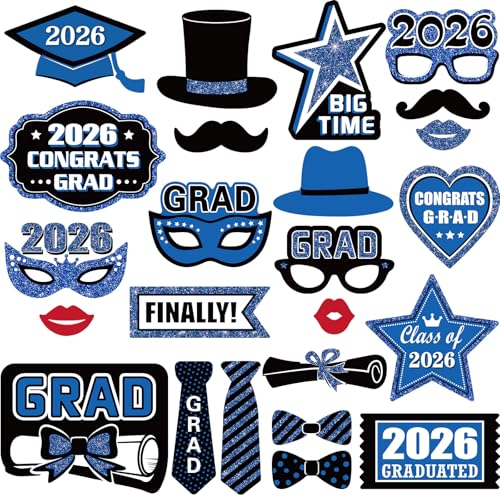 Blulu 24 Pieces 2026 Graduation Party Photo Booth Props Kit, Funny Graduation Party Selfie Props, Selfie Photo Frame for High School and College Grad Favors Supplies(Blue) - color: Blue