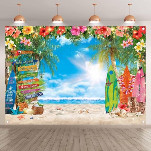 7x5ft Summer Hawaiian Beach Photography Backdrop Tropical Flower Palm Leaves Surfboard Background for Luau Aloha Party Decoration Banner Photo Booth - size: 7x5ft