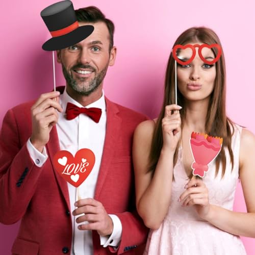 Valentine's Day Photo Booth Props Selfie Photobooth Props for Photoshoot Funny Masks Love Heart Glasses Mustache Backdrop Decorations Supplies Wedding Party DIY Posing Signs Favor 25 Pcs
