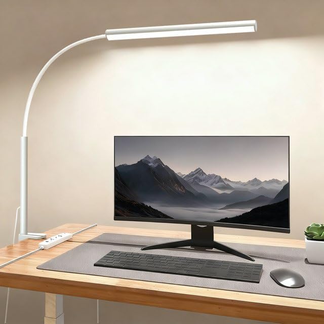 LED Desk Lamp with Clamp, Eye-Protection Clip on Desk Lamp, 5 Modes 10 Brightness Adjustment, 360°Flexible Gooseneck Lamp for Home Office, Lamps with USB Adapter，White - color: Plus.-White