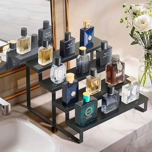 Wood Cologne Organizer for Men,12 Inch 4 Tier Cologne Stand Waterproof Perfume Organizer for Dresser with Anti-Slip Washers,Wooden Display Risers Stand for Party,Makeup,Figures,Cupcake,Perfume,Dessert