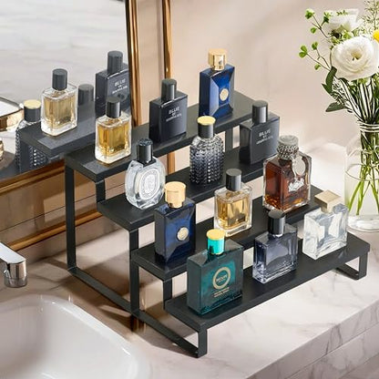 Wood Cologne Organizer for Men,12 Inch 4 Tier Cologne Stand Waterproof Perfume Organizer for Dresser with Anti-Slip Washers,Wooden Display Risers Stand for Party,Makeup,Figures,Cupcake,Perfume,Dessert