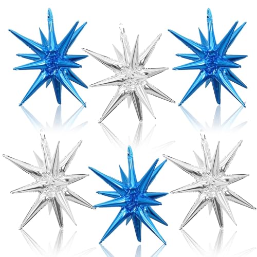Blue Silver Star Foil Balloons, 22 Inch Blue and Silver Explosion Star Cone Spike Balloons Large for Birthday Graduation Wedding Anniversary Party Backdrop Decoration - color: Blue Silver
