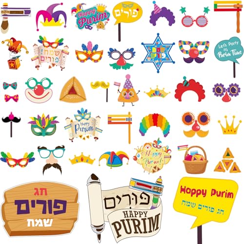 40 Pcs Happy Purim Decorations Photo Booth Props, Funny Jewish Holiday Selfie Props with Sticks Hamantaschen Signs for Purim Masquerade Celebration Party Supplies