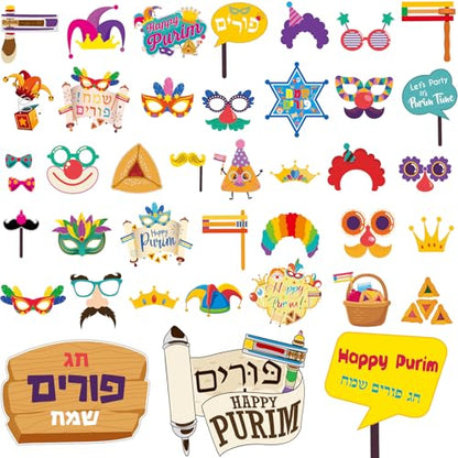 40 Pcs Happy Purim Decorations Photo Booth Props, Funny Jewish Holiday Selfie Props with Sticks Hamantaschen Signs for Purim Masquerade Celebration Party Supplies