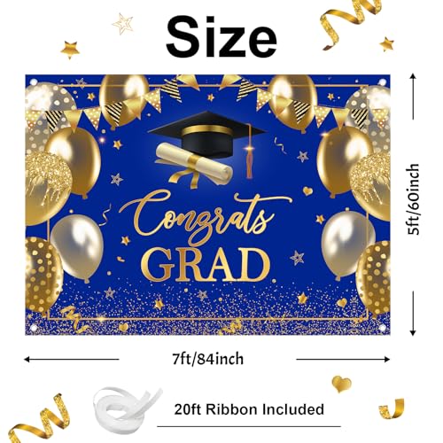 Avezano 7 x 5 ft Graduation Banner Congrats Grad Class of 2026 Backdrop Blue Gold Congratulation Graduates Backdrop for 2026 Grad Party Decorations High School College Prom Background - color: Blue Gold, size: 7x5 ft