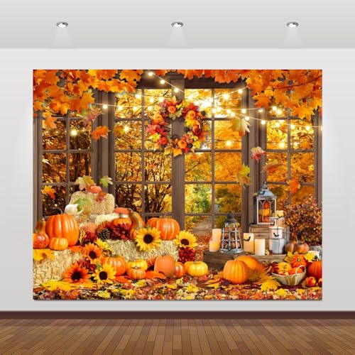 Fall Thanksgiving Backdrop for Photography 10x8ft Autumn Forest Window Pumpkin Haystack Sunflower Photo Backdrop Maple Leaves Path Friendsgiving Party Decor Baby Shower Kids Adult Portrait Photo Props