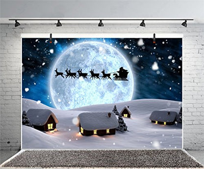 7x5ft Moon Night Winter Backdrops for Photography Fantasy Santa's Sleigh Ride Snowing Wonderland Fairy Tale Small Village Christmas Background Happy New Year Photo Booth Props