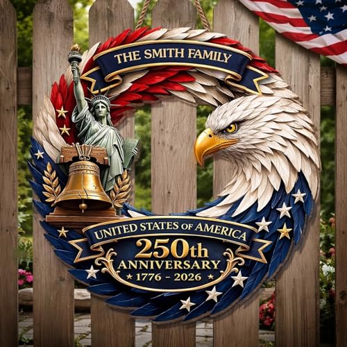 Personalized 250th Anniversary Patriotic Wood Wreath Door Sign 1776-2026, Custom Family Name Round Door Hanger, Independence Decor, Decoration Gifts, Gift For Mom, Dad, Brother, Family /3 - color: Design 03