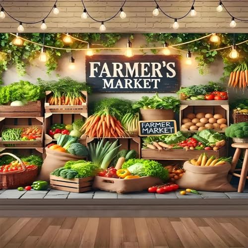 Farmers Market Vegetables and Fruits Stand Backdrop Vegetable Market Exhibition Fresh Organic Food Photography Background Kids Portrait Photoshoot Props (B, 5 * 3feet) - color: B, size: 5*3feet