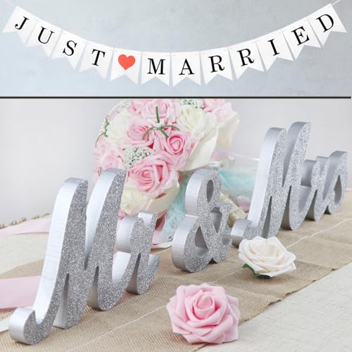 Mr and Mrs Signs Wedding Table Decorations, Wooden Freestanding Letters for Photo Props, Rustic Wedding Decoration, Anniversary Wedding Shower Gift (Silver + banner) - color: Silver with banner