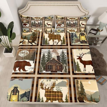 Feelyou Deer Bear Sheet Set Twin Size Kids Rustic Cabin Plaid Bed Sheets Set Boys Girls Teens Wild Animal Grid Sheets with Deep Pocket Fitted Sheet Nature Wildlife Tree Bedding Set Camper Lodge - color: Brown Green, size: Twin
