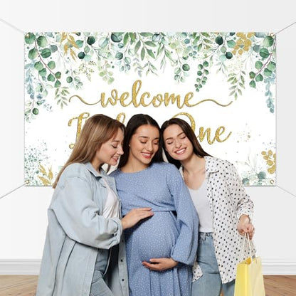 Mocsicka Greenery Baby Shower Banner - Welcome Little One Neutral Baby Shower Decorations Background, Eucalyptus Greenery Leaves Boy Girl Party Photo Props