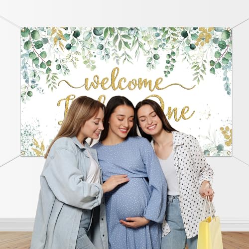 Mocsicka Greenery Baby Shower Banner - Welcome Little One Neutral Baby Shower Decorations Background, Eucalyptus Greenery Leaves Boy Girl Party Photo Props