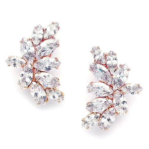 Mariell Clip-On Cubic Zirconia Crystal Bridal Earrings, Marquise Shape CZ Curved Clusters, Women Earrings for Wedding, Bridesmaids, Homecoming, Mother of the Bride - color: Rose Gold Clip On