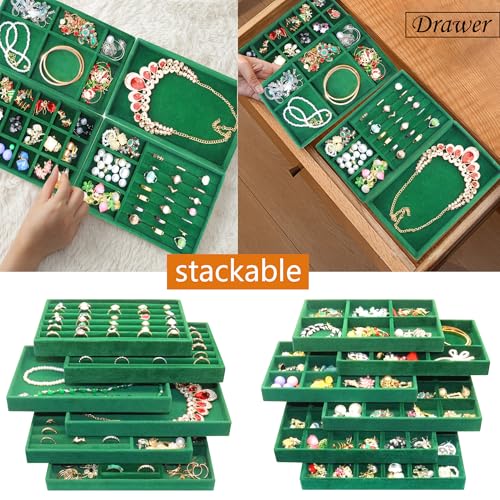 Velvet Jewelry Tray 12 Set Stackable Jewelry Organizer Trays for Drawers Rings Earrings Necklaces Bracelet Watch Display Case - color: Green, size: 12 Pcs