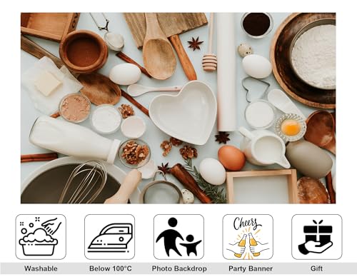 5x3ft Baking Ingredients with Eggs Flour and Spices Backdrop Gourmet Rustic Homemade Photography Background for Food Photography and Baking Events Decorations Banner Photo Booth Props - size: 5x3ft