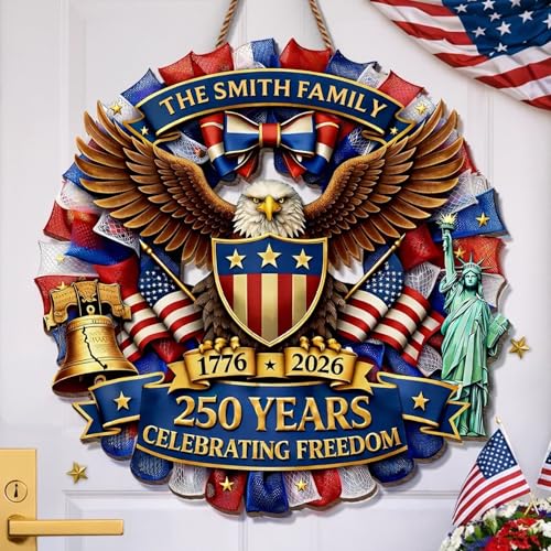 Personalized 250th Anniversary Patriotic Wood Wreath Door Sign 1776-2026, Custom Family Name Round Door Hanger, Independence Decor, Decoration Gifts, Gift For Mom, Dad, Brother, Family /16 - color: Design 16