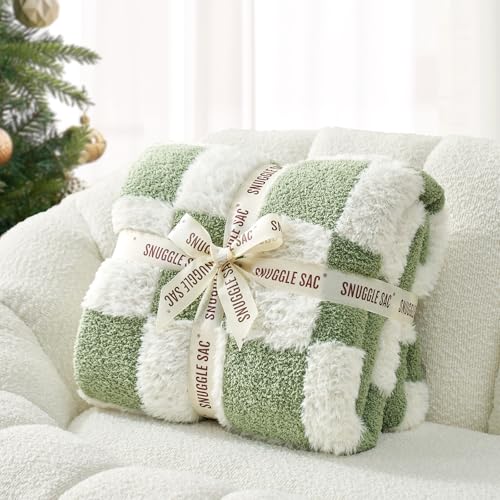Snuggle Sac Sage Green Checkered Throw Blanket Faux Fur Knitted with Microfiber Yarn, Cozy Soft Warm Spring Blankets for Couch,Sofa,Bedroom,Sage Green Checker,50x60 inches - color: Green White, size: Throw(50"x60")